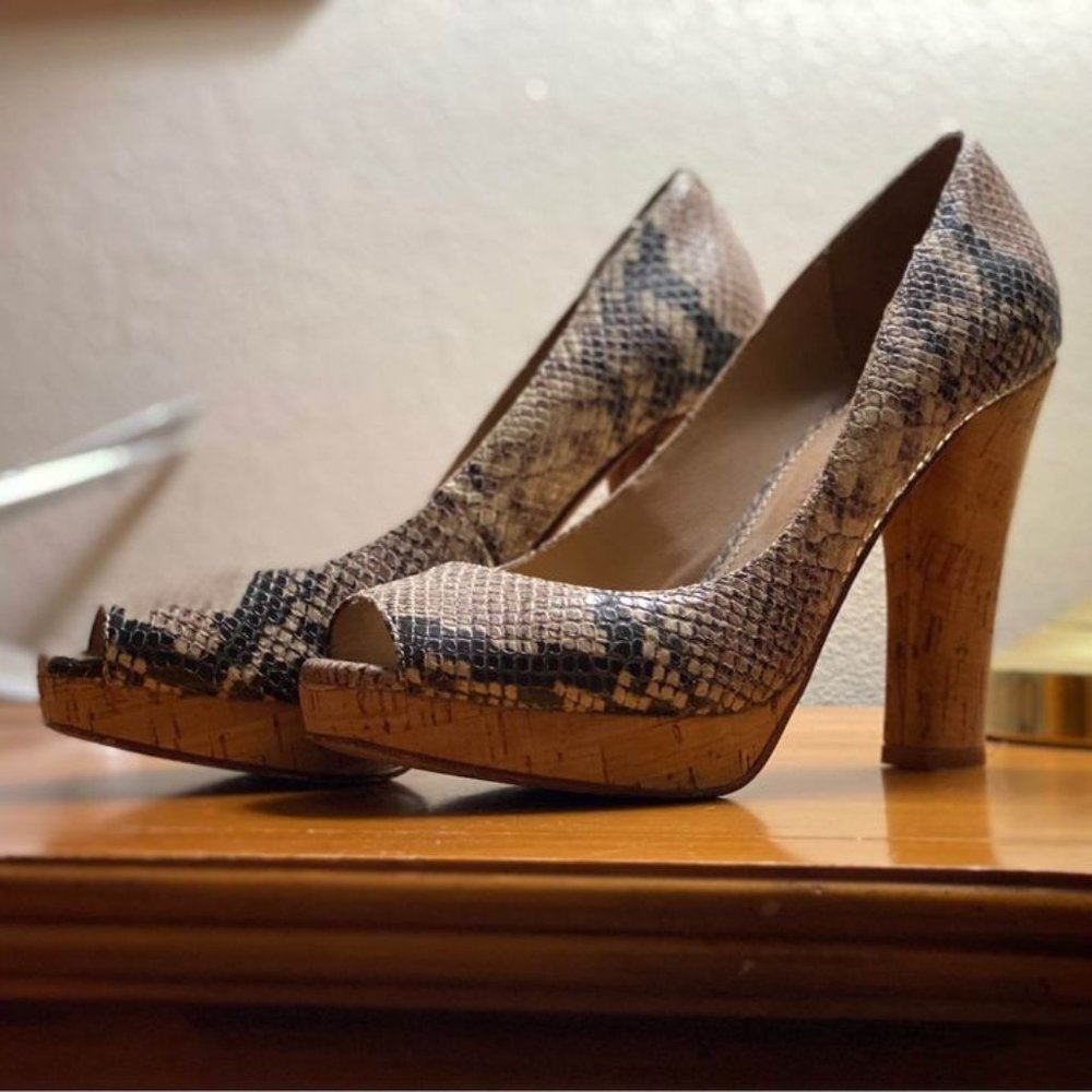 Eileen Turner Python Cork-Heeled Peep-Toe Pumps, … - image 1